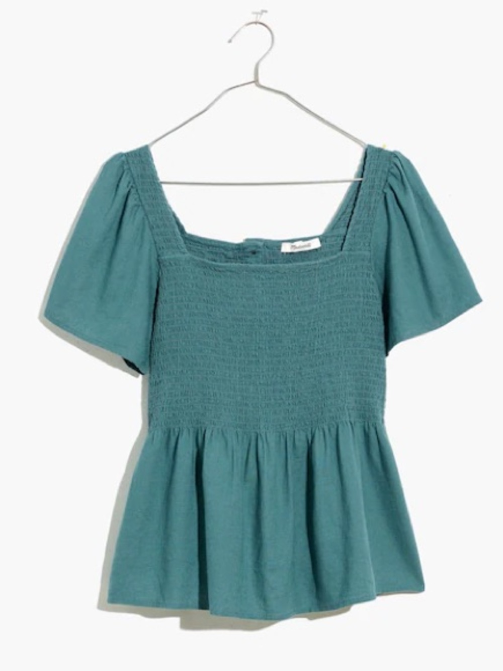 Madewell Linen-Blend Lucie Smocked Peplum Top in a faded shale green color